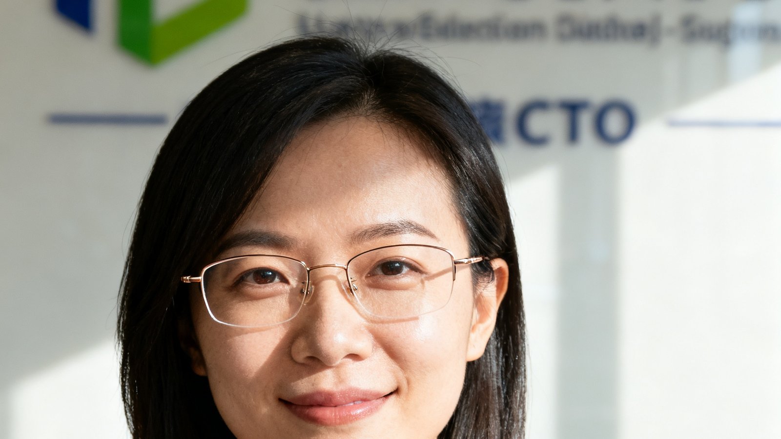 一位在线教育公司女性CTO的职业头像，她佩戴眼镜，背景是公司品牌墙，表情自信温和。