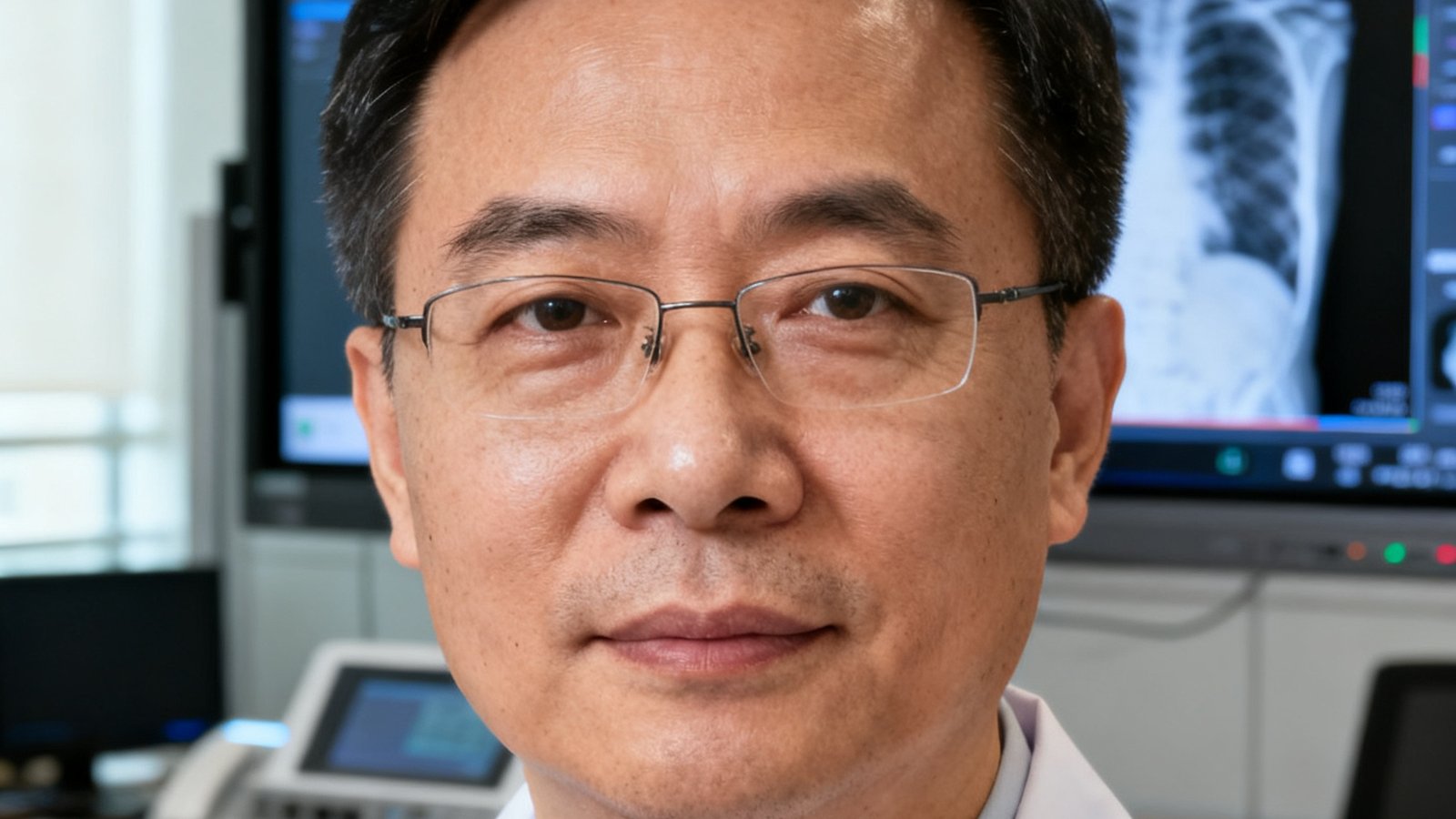 一位三甲医院远程会诊中心男性主任医师的头像，他穿着白大褂，身后是远程会诊大屏设备。